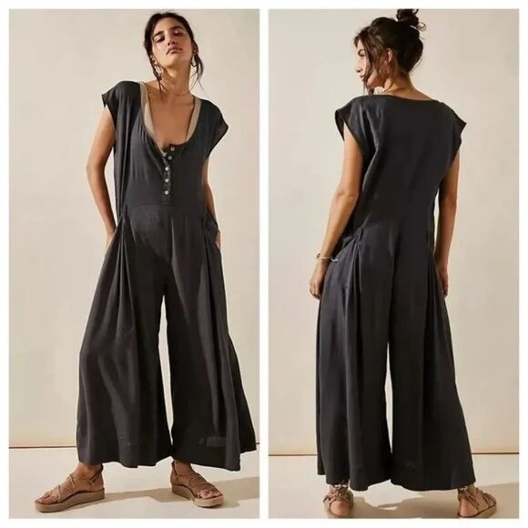 Free People Pants - Free People Womens Jet Set Life Jumpsuit Size XS Linen Blend Gray Lagenlook